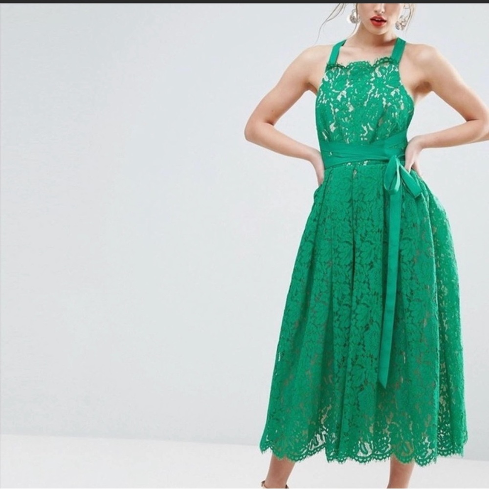 ASOS Salon Green Lace Pinny Backless Full Skirt Midi Dress